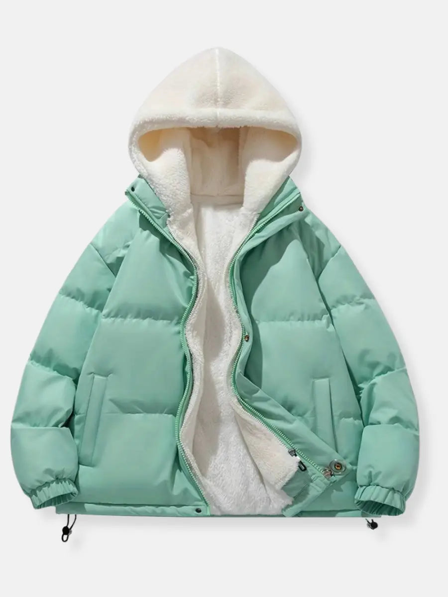 Women’s warm zip-up winter jacket, mint green with sherpa-lined hood and zip