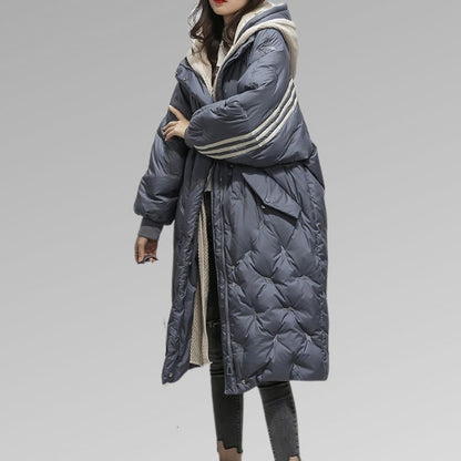 Women’s long puffer jacket in dark blue with striped hood and full-length front zipper