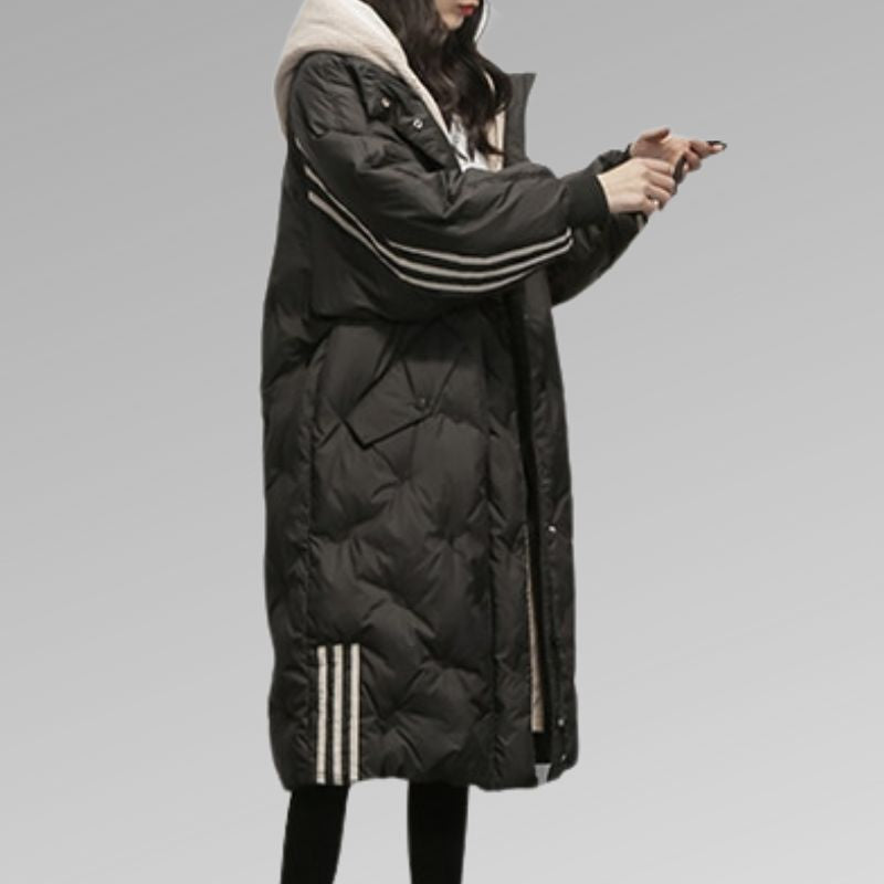 Women’s long black puffer jacket with striped cuffs and attached hood
