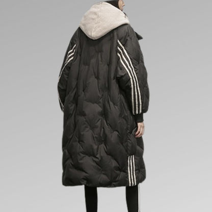 Women’s long black puffer jacket with striped side panels and attached hood