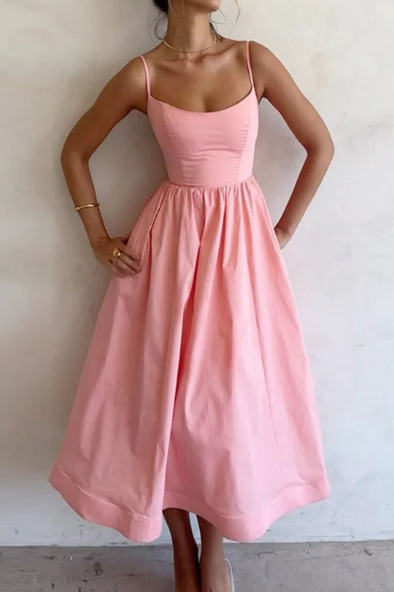 Pink sweetheart neckline midi fit-and-flare dress with spaghetti straps and gathered skirt