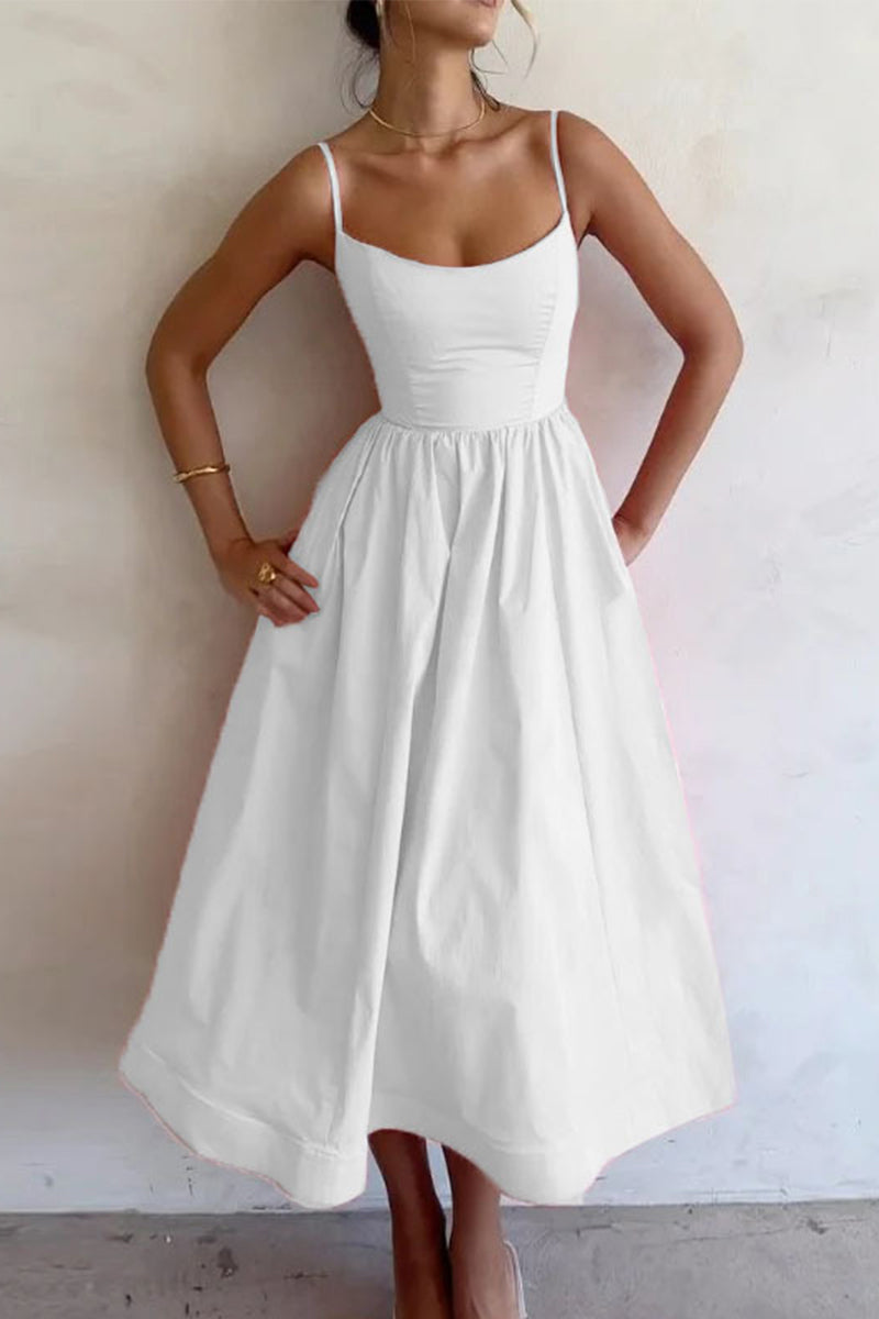 White sweetheart neckline midi dress, fitted bodice and flared skirt with spaghetti straps