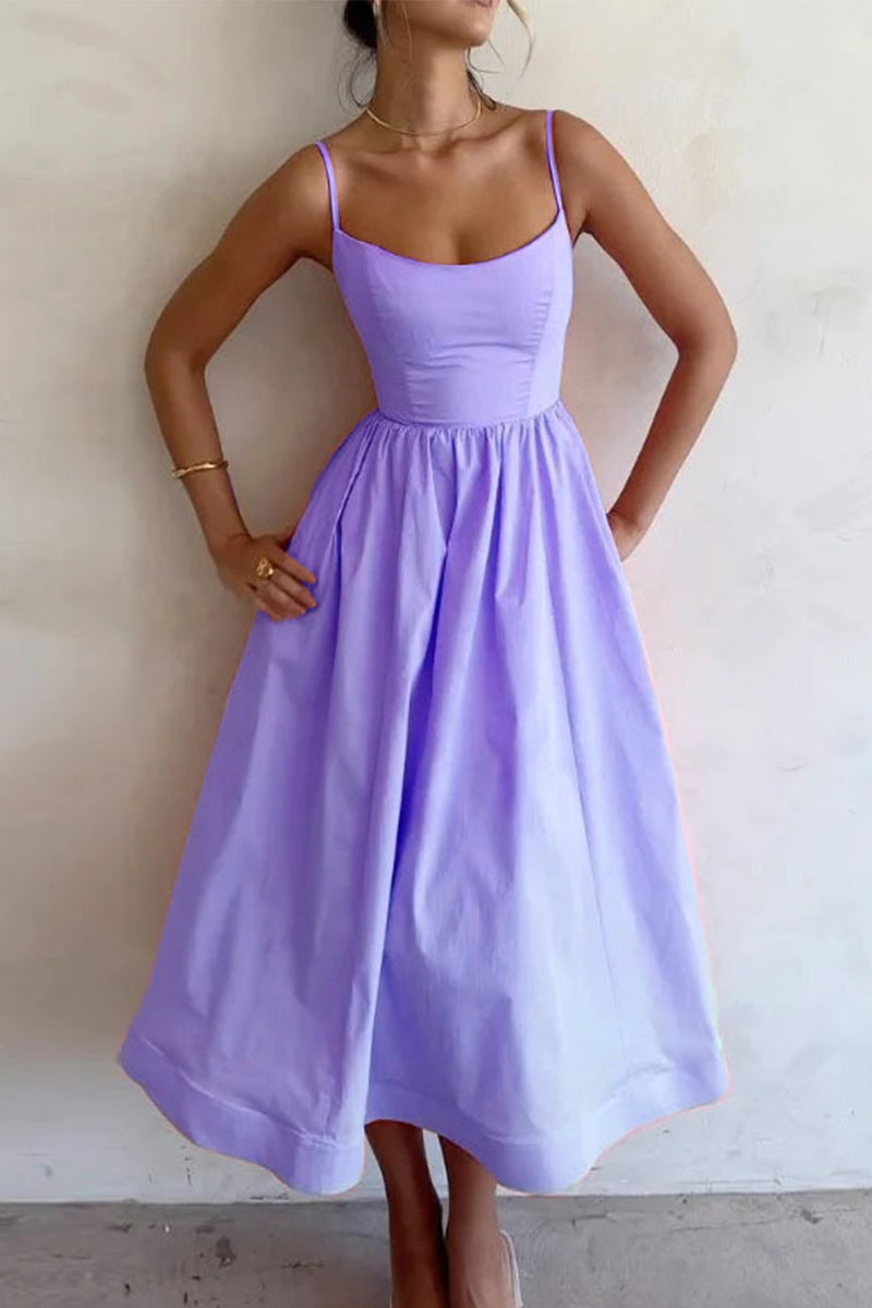 Lavender sweetheart midi dress with spaghetti straps and fit-and-flare skirt, gathered waist