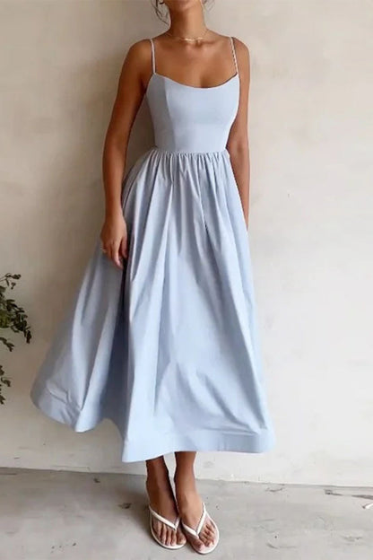 Light blue sweetheart-neck midi fit-and-flare dress with spaghetti straps