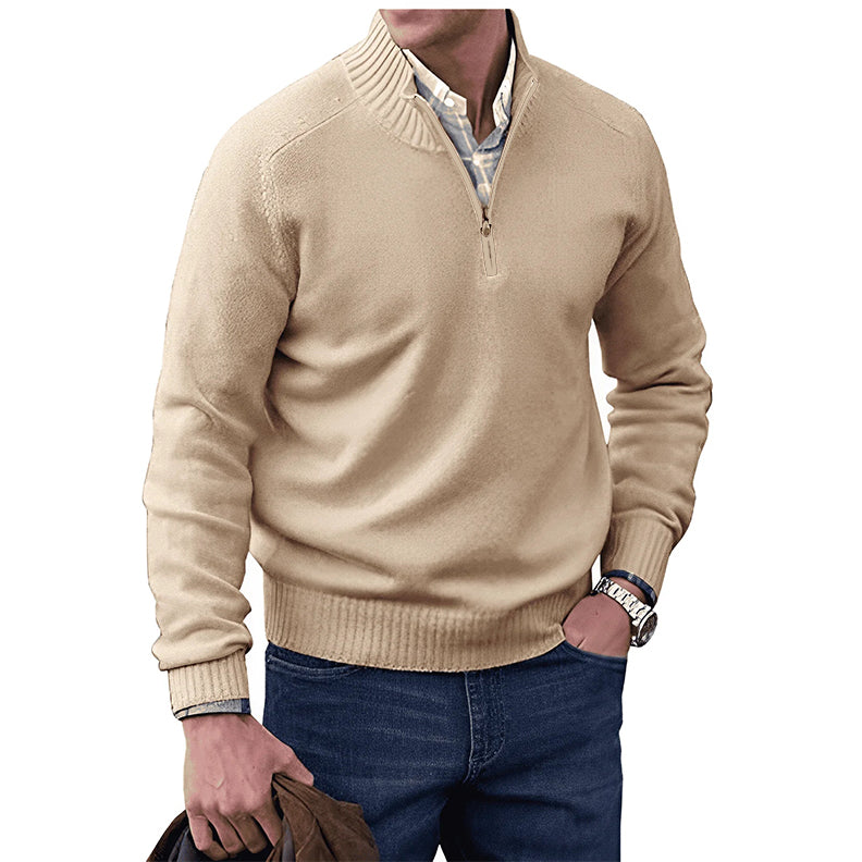 Brown zip-collar knit pullover sweater with ribbed hem and cuffs