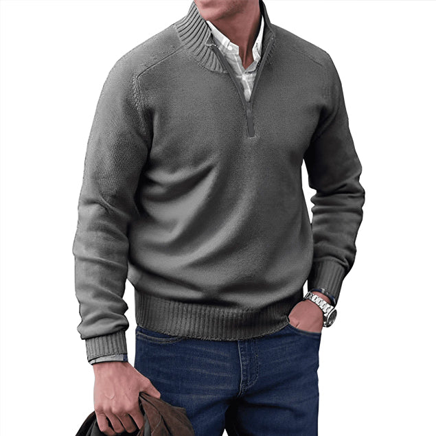 Dark grey zip-collar knit pullover with quarter-zip front and ribbed cuffs