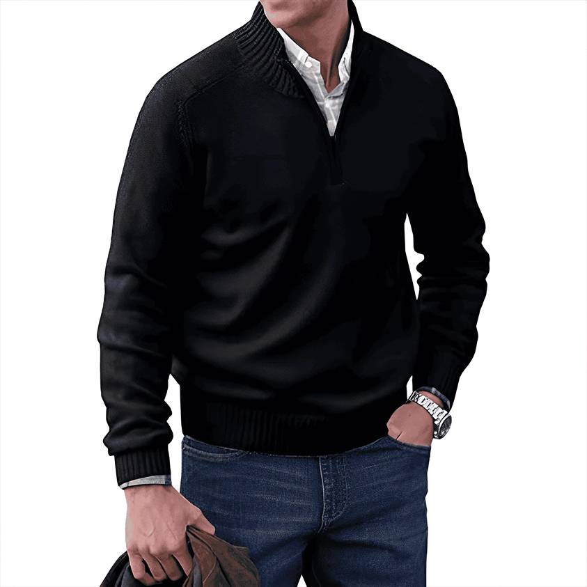 Black zip-collar knit pullover sweater with zip placket and ribbed trim