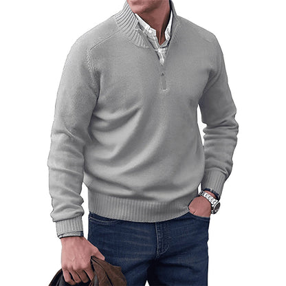 Light grey zip-collar knit pullover sweater with half-zip front and ribbed cuffs