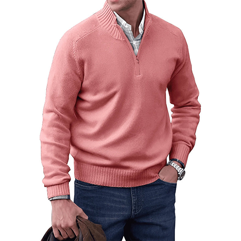 Pink zip-collar knit pullover with quarter-zip front and ribbed hem
