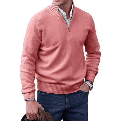 Pink zip-collar knit pullover with quarter-zip front and ribbed hem