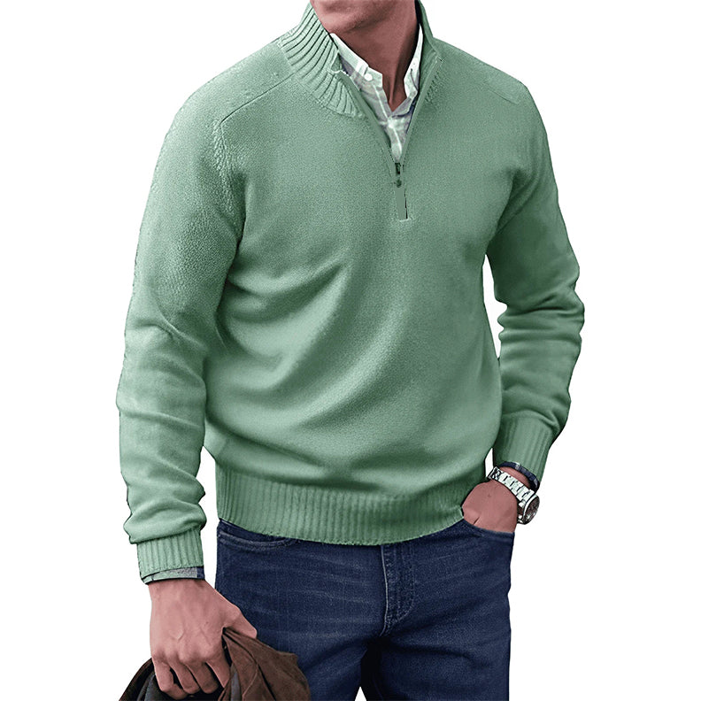 Green zip-collar knit pullover sweater with zip front and ribbed cuffs