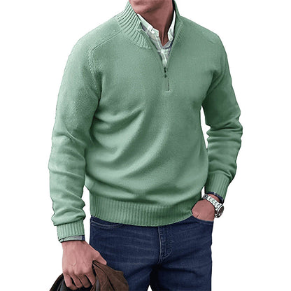 Green zip-collar knit pullover sweater with zip front and ribbed cuffs