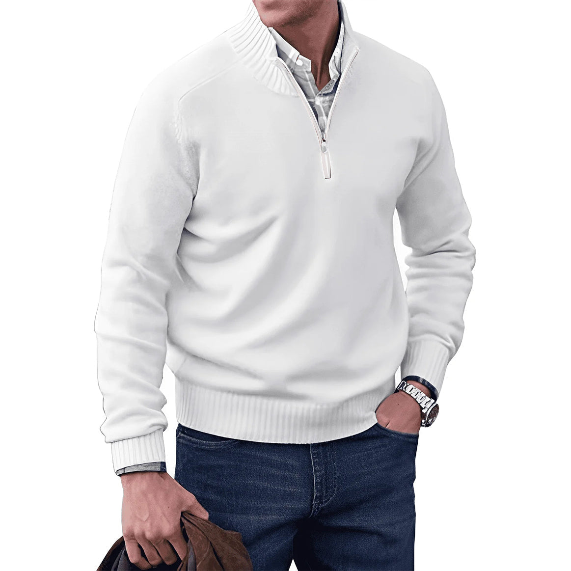 White zip-collar knit pullover with quarter-zip front and ribbed waistband