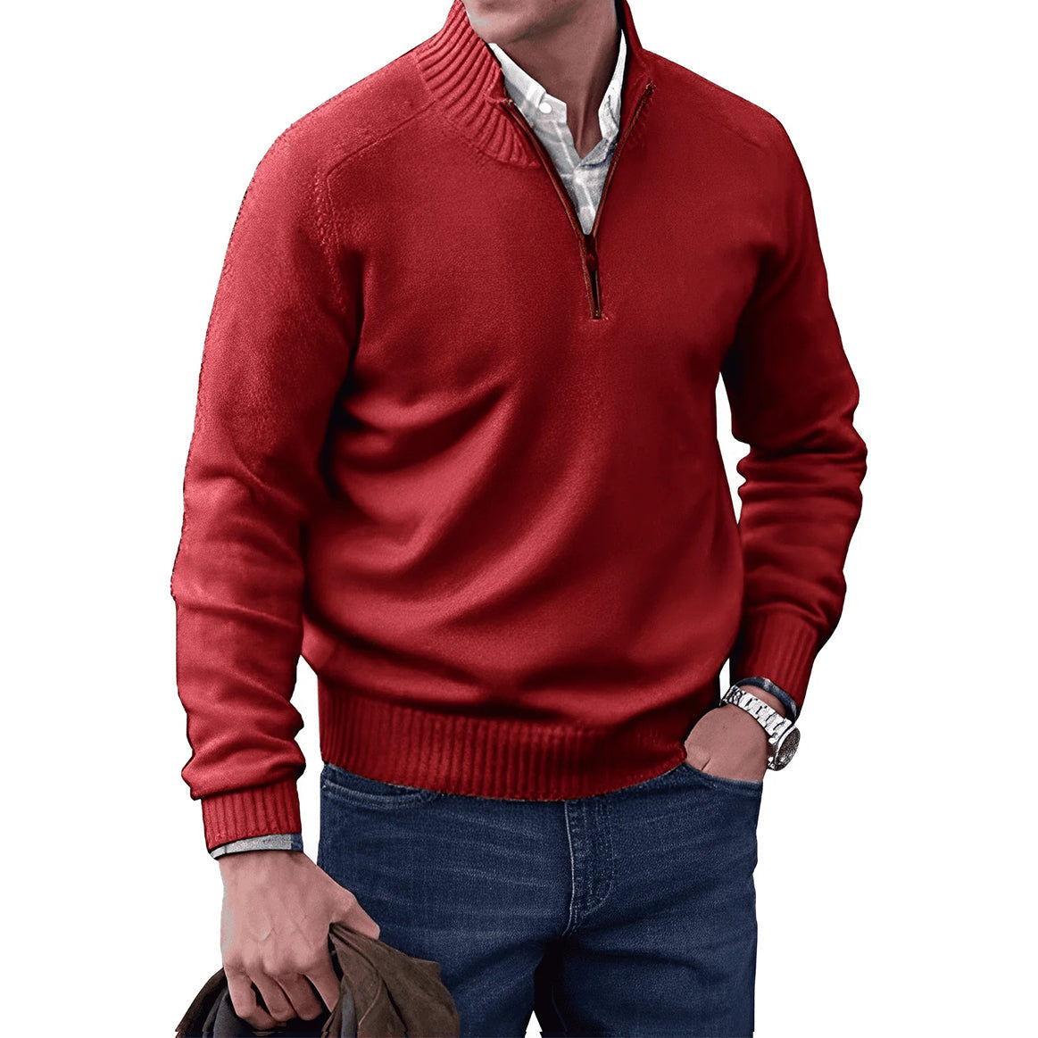 Red zip-collar knit pullover sweater with zip placket and ribbed cuffs