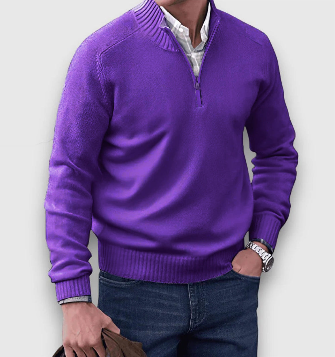 Purple zip-collar knit pullover with quarter-zip front and ribbed trim
