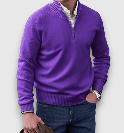 Purple zip-collar knit pullover with quarter-zip front and ribbed trim