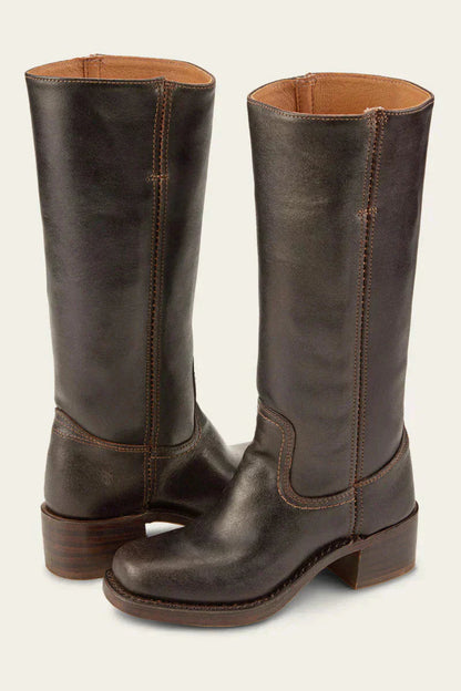 Women’s leather knee-high boots, dark brown with stitched panels and low block heel