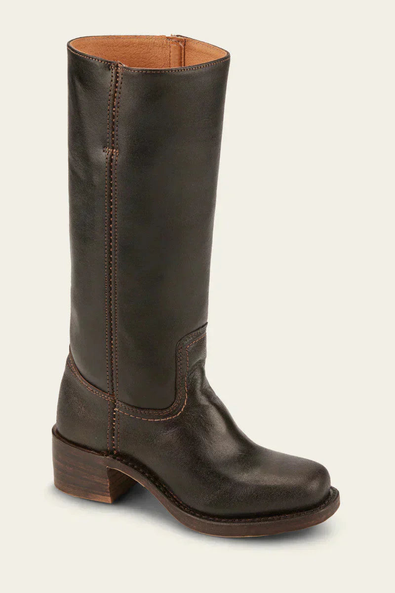 Women’s leather knee-high boots, dark brown with stitched shaft and low block heel