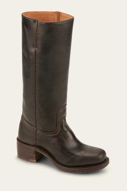 Women’s leather knee-high boots, dark brown with stitched shaft and low block heel
