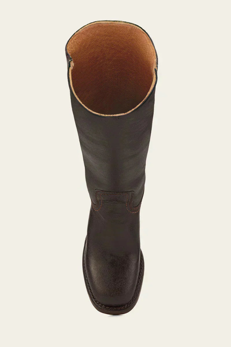 Women’s leather knee-high boots, dark brown, open top showing tan lining trim