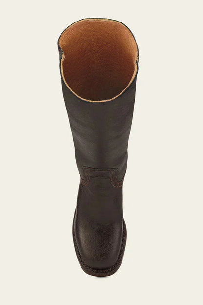 Women’s leather knee-high boots, dark brown, open top showing tan lining trim