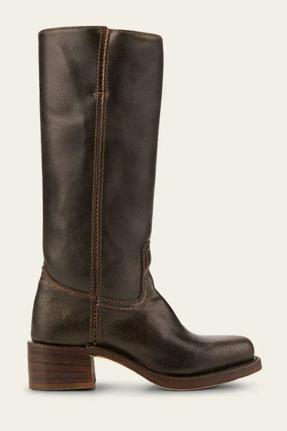 Women’s leather knee-high boots, dark brown with stitched center panel and block heel