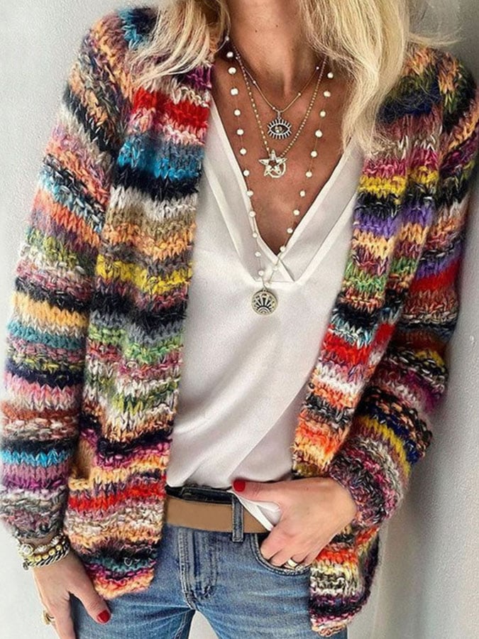 Multicolor striped knit cardigan, long sleeves, open front