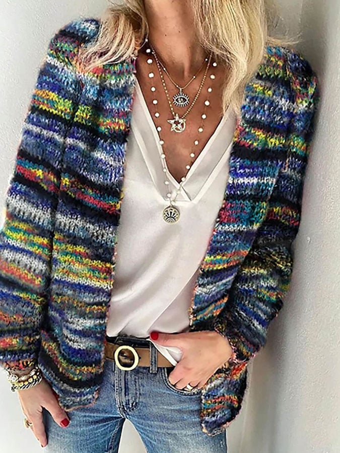 Multicolor striped knit cardigan, slightly cropped view, long sleeves
