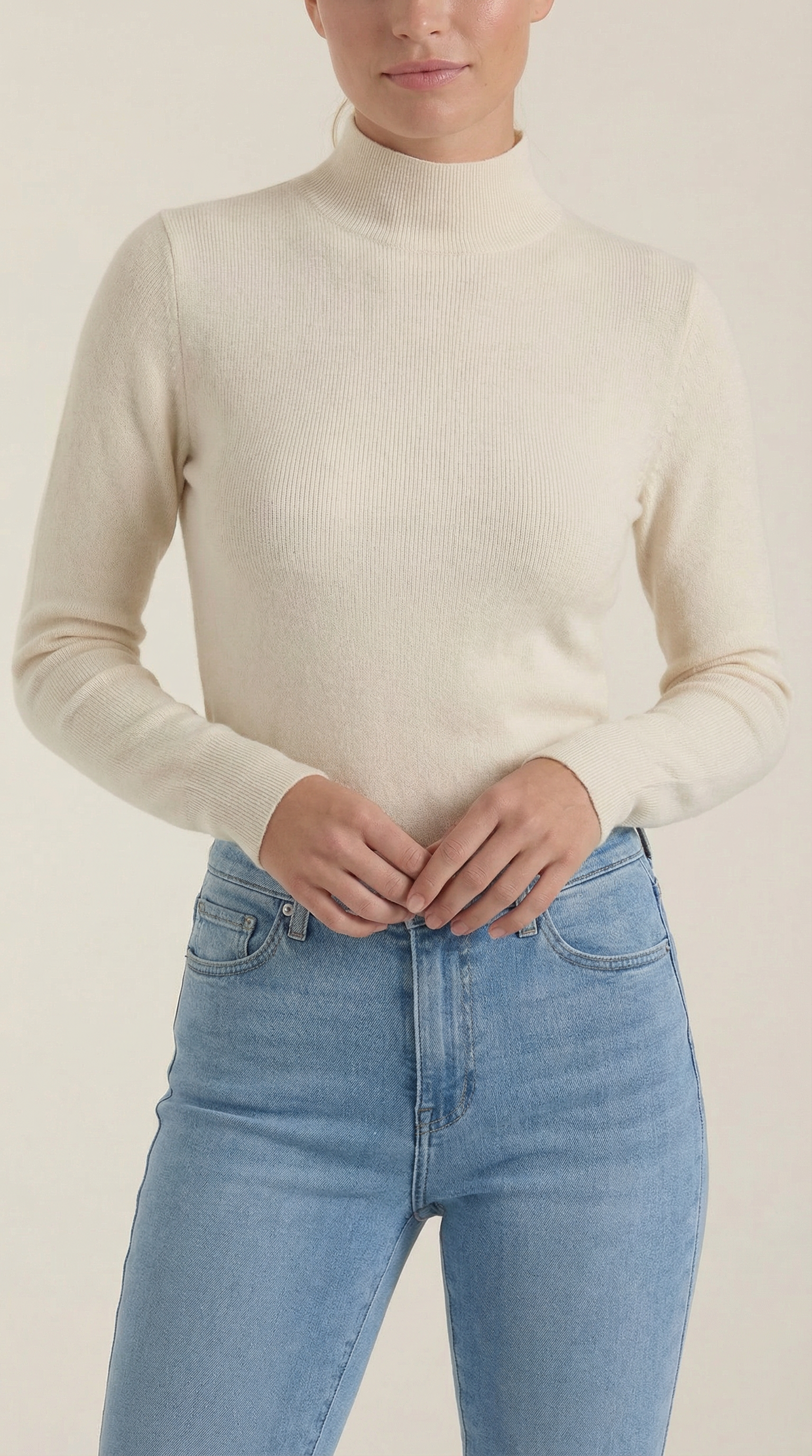 Women’s cotton mock neck top, long sleeve, beige
