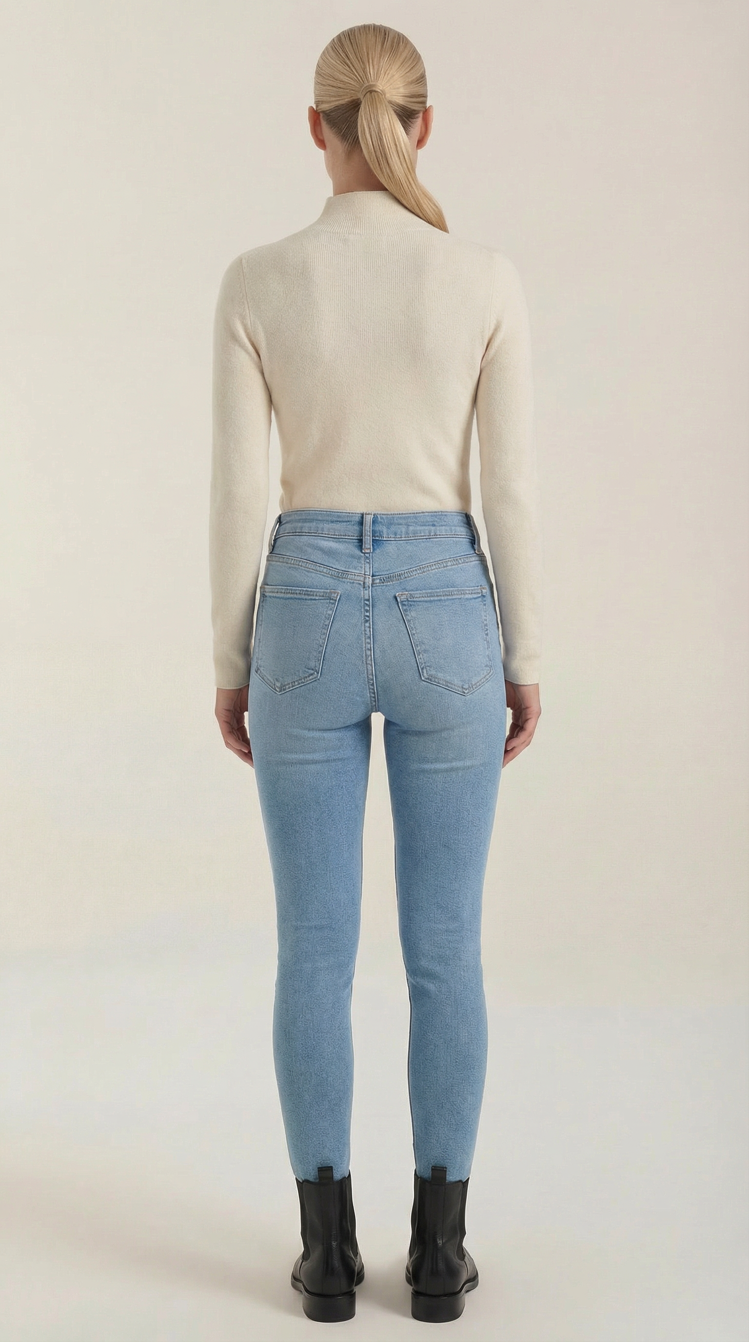 Women’s cotton mock neck top, long sleeve, beige (back view)