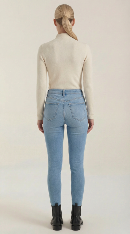 Women’s cotton mock neck top, long sleeve, beige (back view)