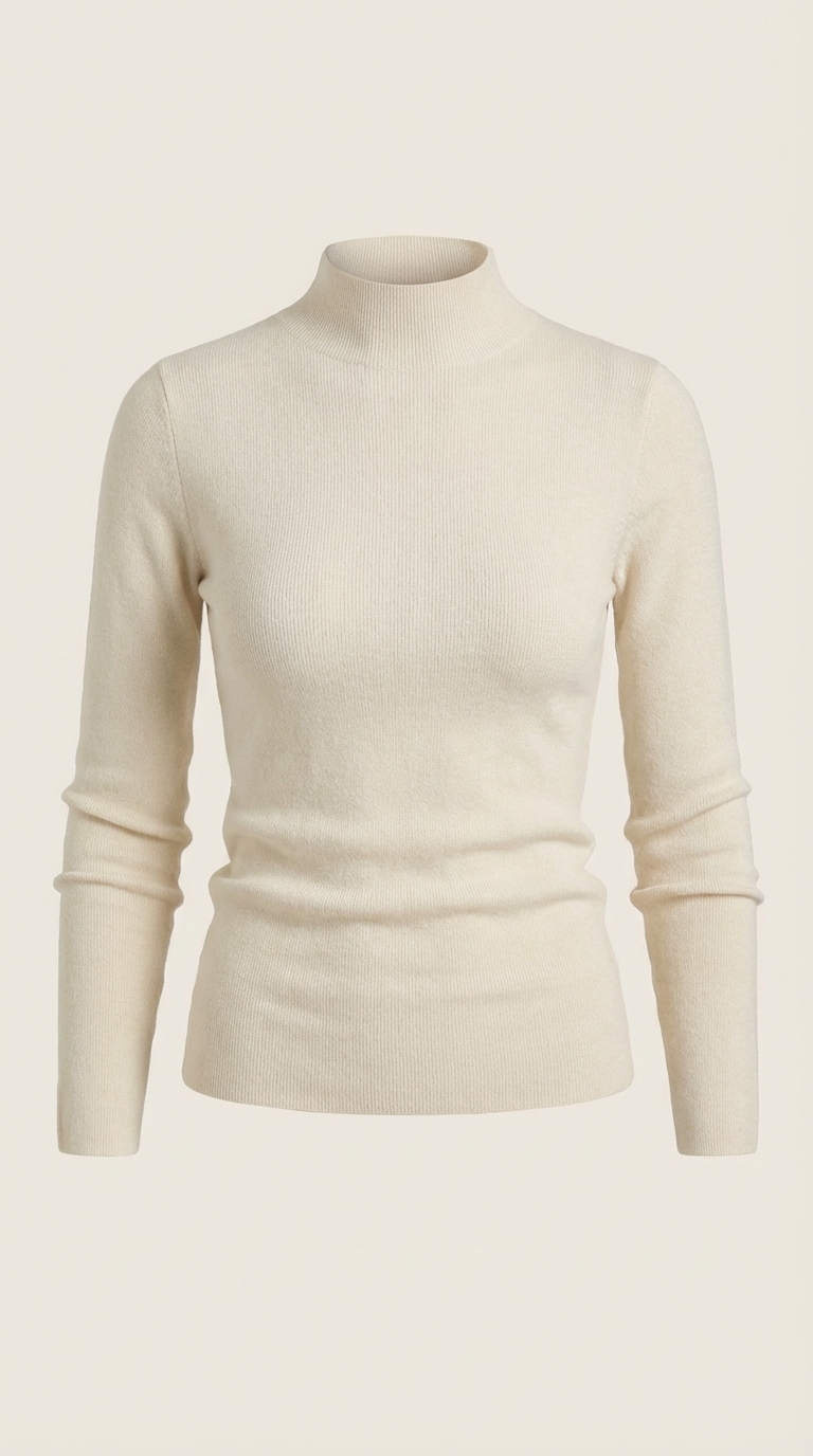 Women’s cotton mock neck top, long sleeve, beige