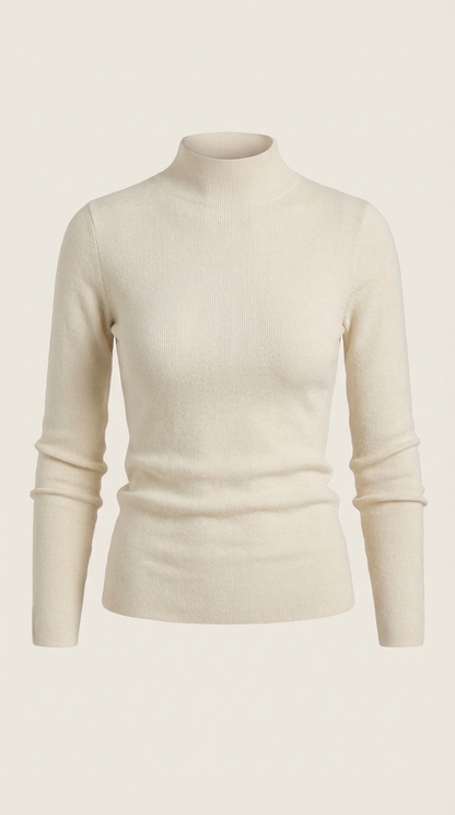 Women’s cotton mock neck top, long sleeve, beige