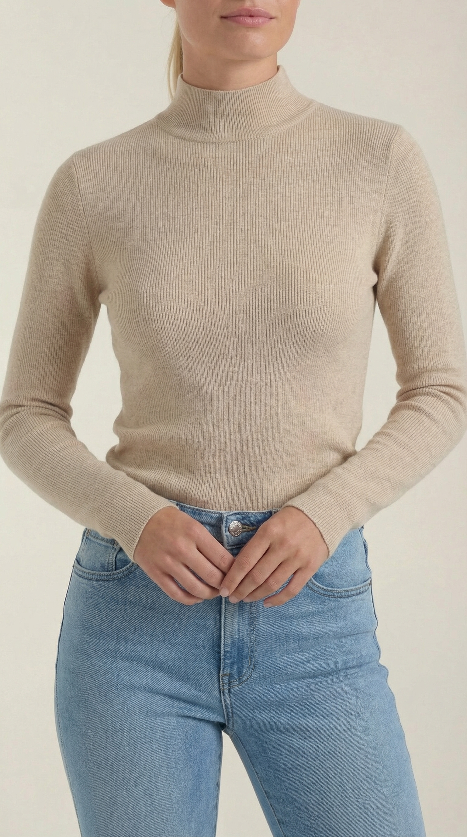 Women’s cotton mock neck top, long sleeve, beige
