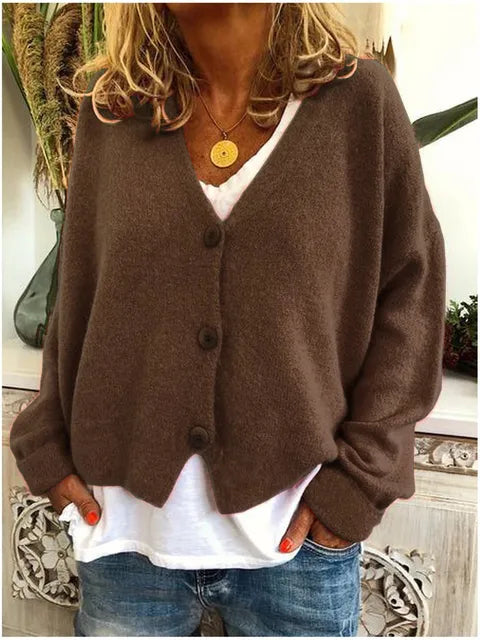 Brown cotton button front jacket with long sleeves and V-neck center button placket