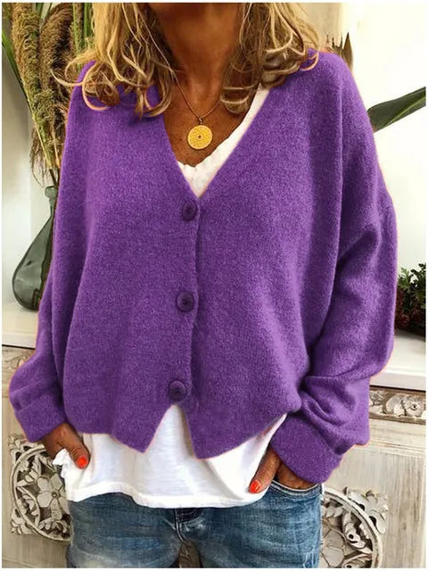 Purple cotton button front jacket with long sleeves and V-neck button closure
