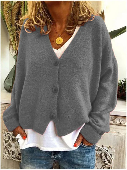 Grey cotton button front jacket with long sleeves and V-neck center button placket
