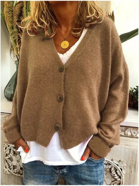 Khaki brown cotton button front jacket with long sleeves and V-neck center buttons