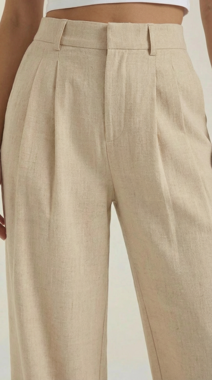 Pleated high-rise wide-leg pants, beige, pleated front with wide straight legs