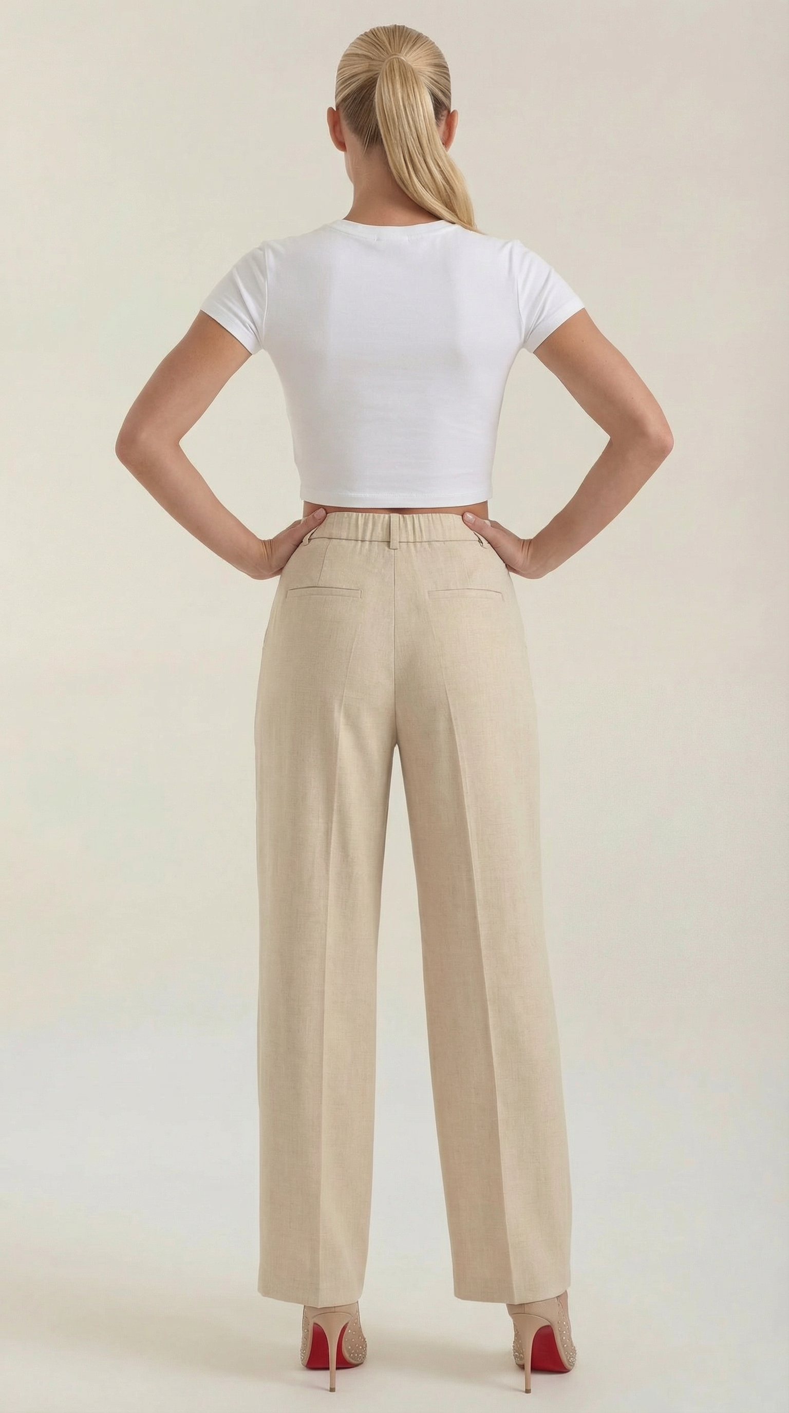 Pleated high-rise wide-leg pants, beige, back view with elastic waistband
