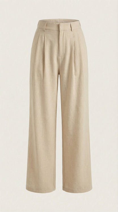 Pleated high-rise wide-leg pants, beige, front view with center pleats