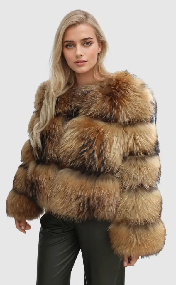 Brown faux fur jacket with wide striped shoulders and snap-front