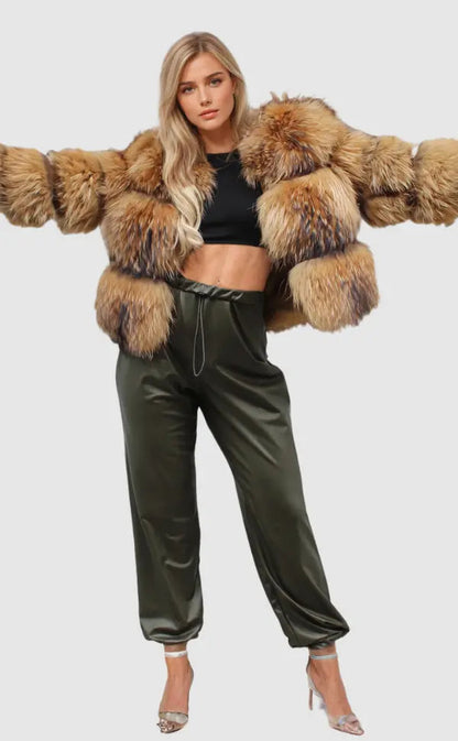 Brown faux fur jacket with oversized collar, cropped sleeves, and open-front