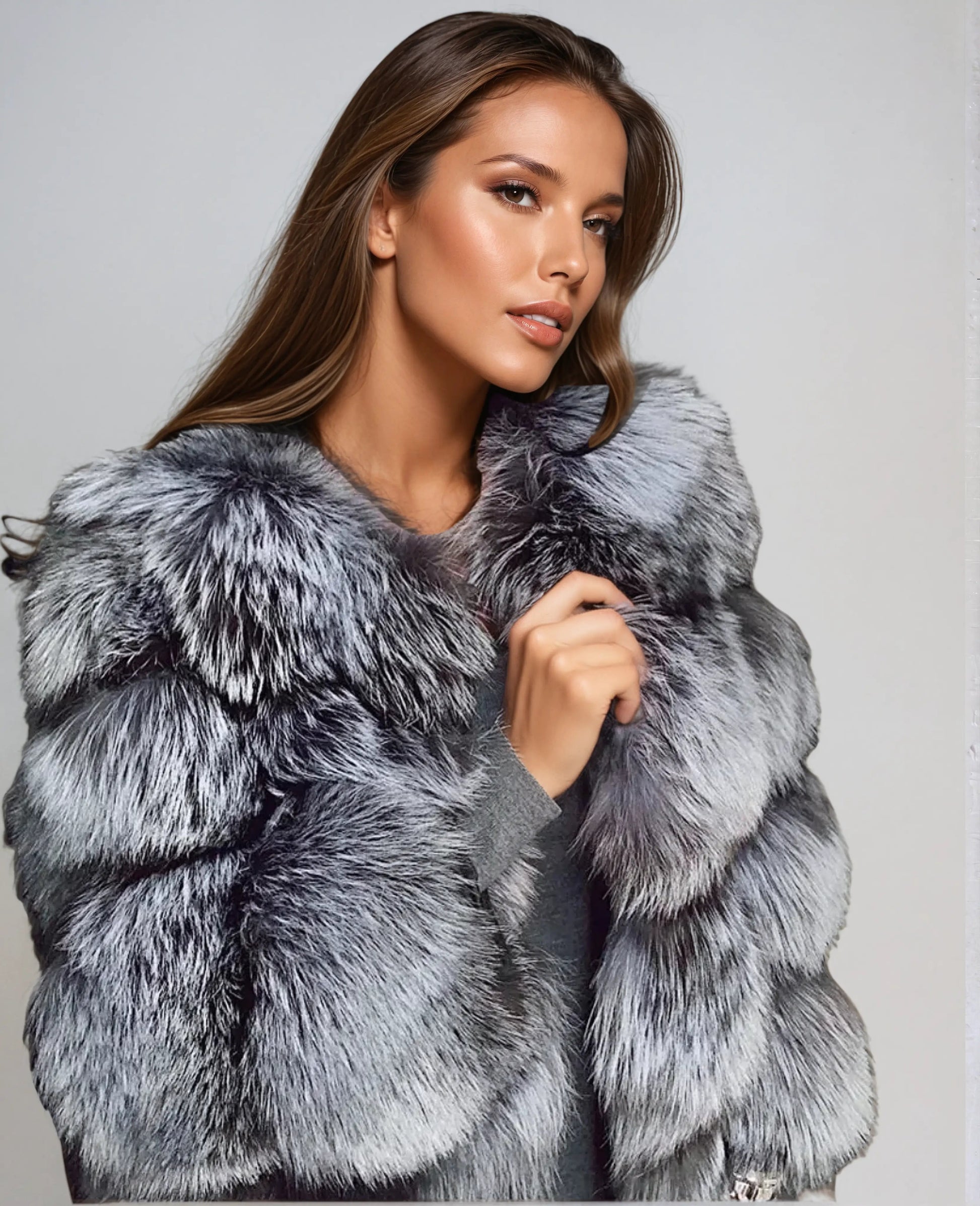 Dark grey faux fur jacket with structured collar and button-front