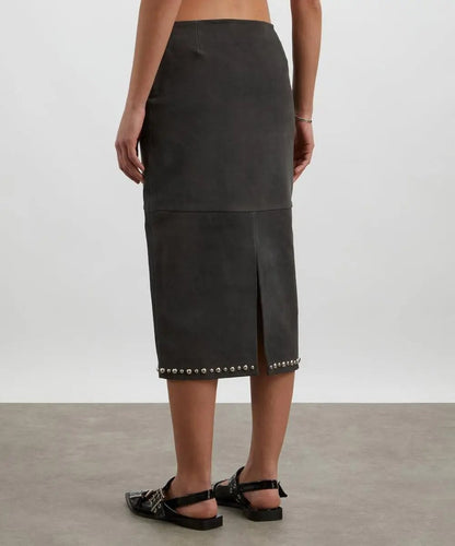 Dark Grey Stud-Trim Midi Skirt
