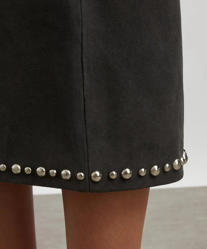 Dark Grey Stud-Trim Midi Skirt