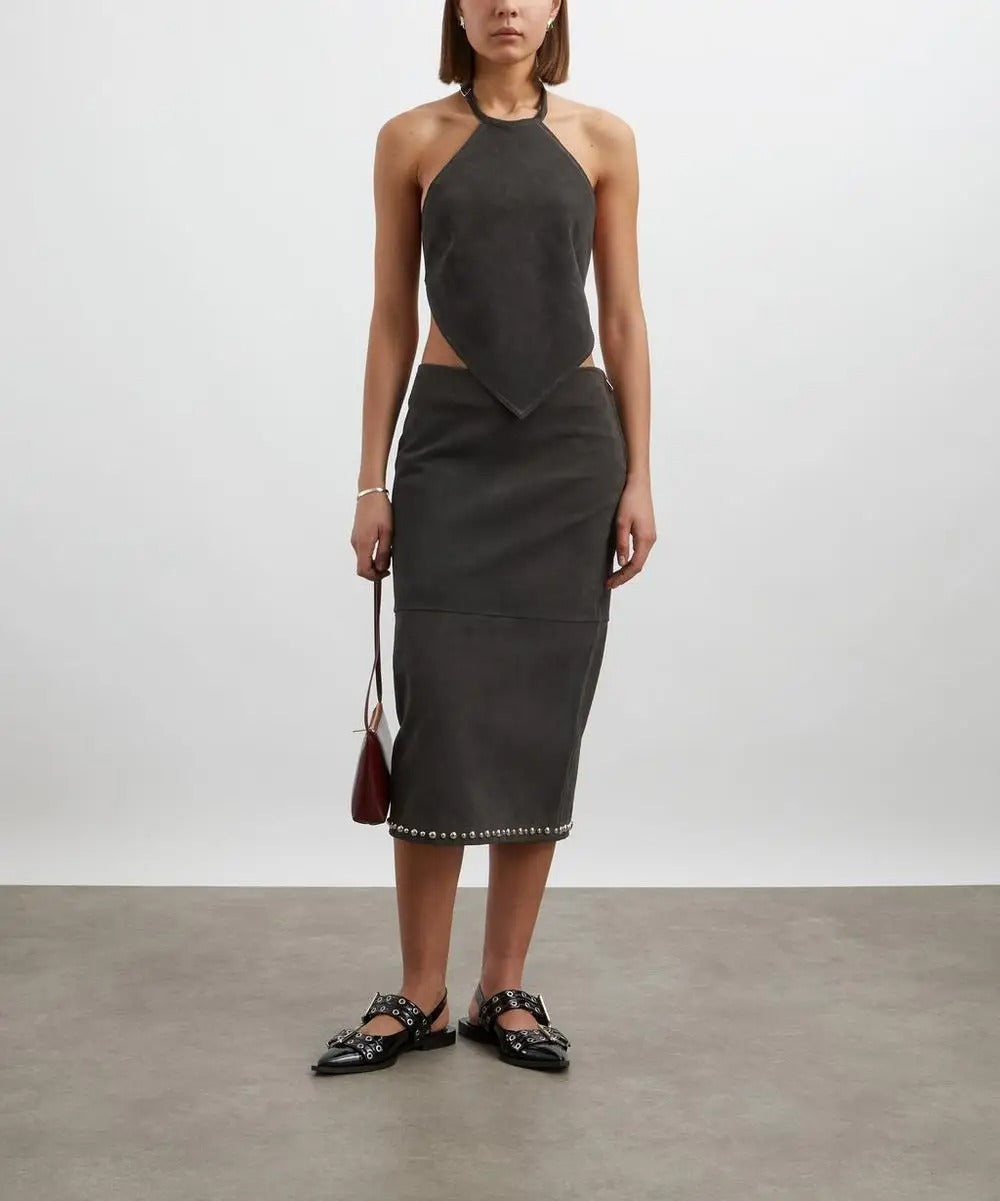Dark Grey Stud-Trim Midi Skirt
