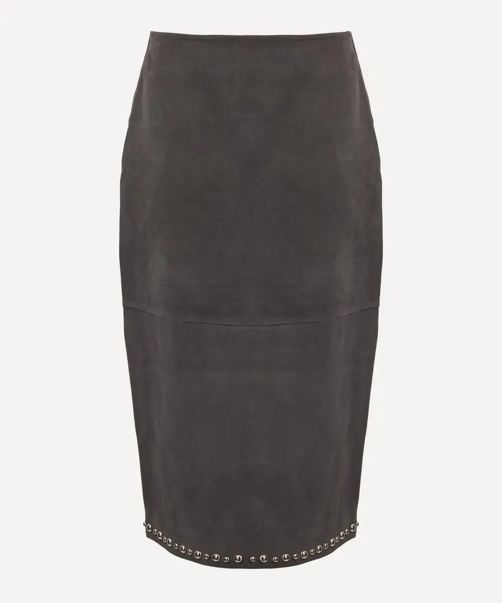 Dark Grey Stud-Trim Midi Skirt