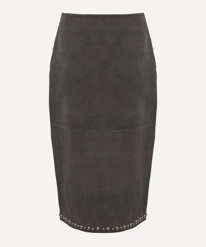 Dark Grey Stud-Trim Midi Skirt