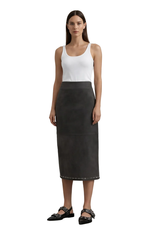 Dark Grey Stud-Trim Midi Skirt